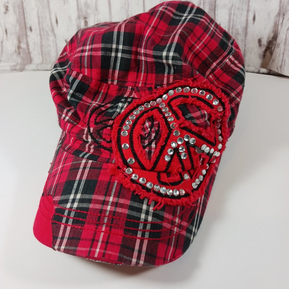 Leader Military Style Hat Red Tartan Plaid Peace Sign Rhinestones Distressed Cap